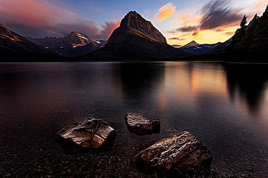 风景,日落,湖,冰川国家公园,蒙大拿,美国