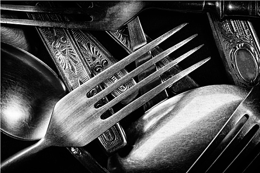 抽象,黑白图片,混合,银,叉子,勺子,刀