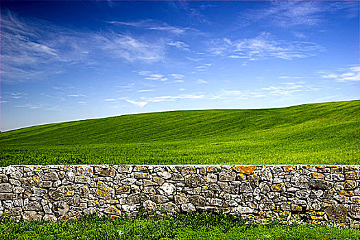 漂亮,绿色,草地,老,石墙