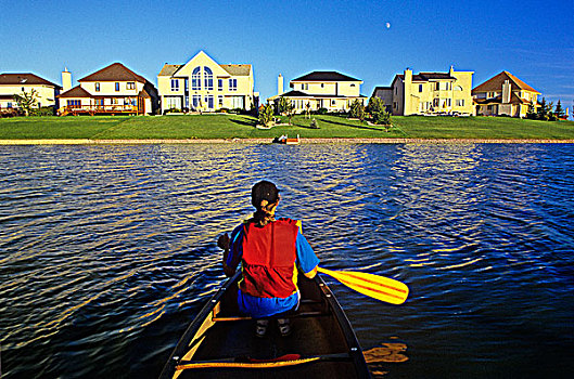 女人,独木舟,人造,湖,住宅开发,曼尼托巴,加拿大