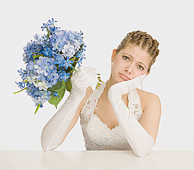 不安,新娘,拿着,蓝花