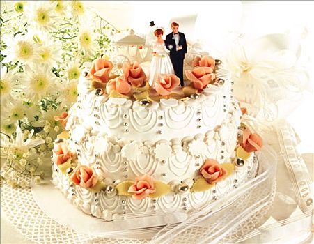 三层,白色,婚礼蛋糕,新郎,新娘