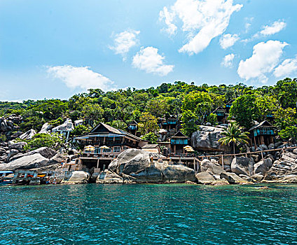 房子,远眺,海洋,蓝绿色海水,龟岛,岛屿,海湾,泰国,亚洲