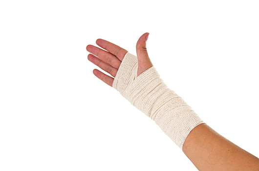 手,系,弹性,绷带,白色背景