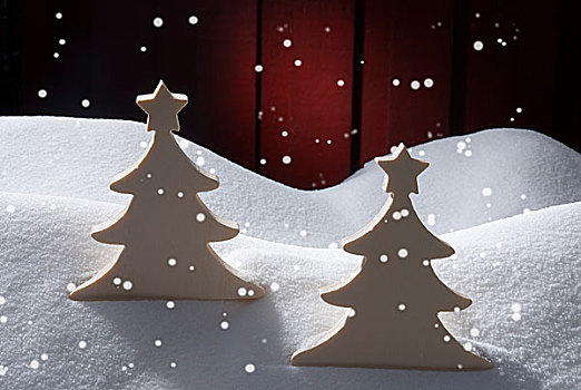 两个,白色,木质,圣诞树,雪,雪花