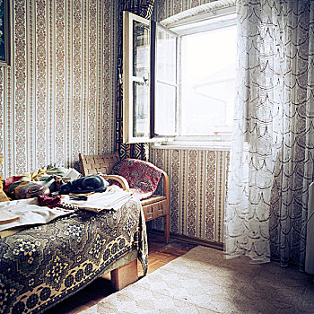 卧室,照亮,自然,亮光,打开,窗户,褐色,图案,壁纸,遮盖,床