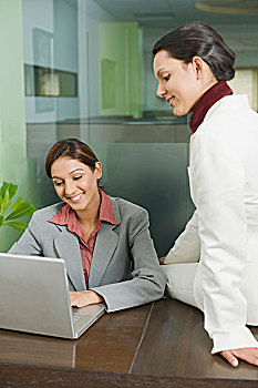 两个,职业女性,工作,笔记本电脑,微笑