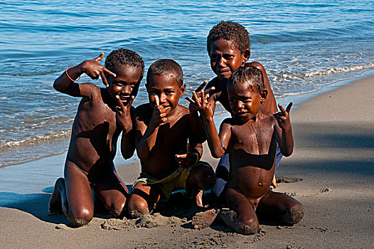 高兴,孩子,玩,海滩,岛屿,所罗门群岛,太平洋