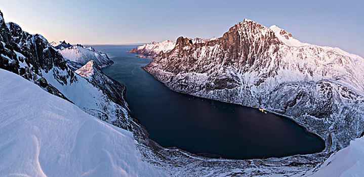 俯视,雪,顶峰,围绕,框架,冰冻,海洋,日落,挪威,欧洲