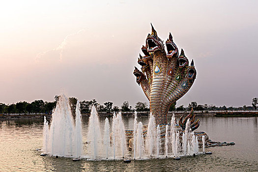 毒蛇,喷泉,正面,大象,庙宇,黃昏,寺院,省,泰国,亚洲