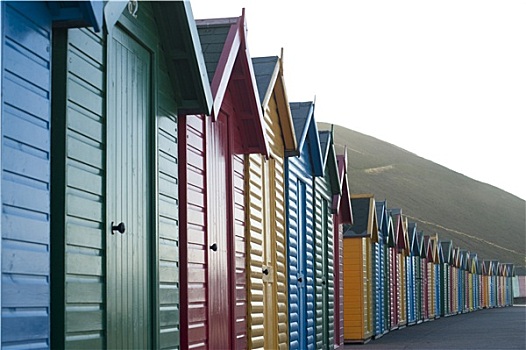 排,彩色,木质,海滩小屋