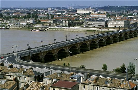 法国,阿基坦,波尔多,石桥,俯视,加仑河,河,桥,背景,俯视图