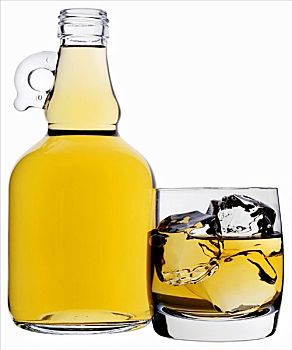 威士忌酒,瓶子,玻璃杯,冰块