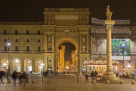 广场,夜晚,佛罗伦萨,托斯卡纳,意大利,欧洲