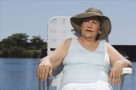 老年,女人,休息,椅子,湖岸