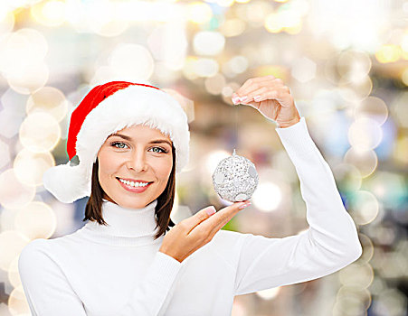 冬天,人,高兴,概念,女人,圣诞老人,帽子,圣诞树饰,上方,背景