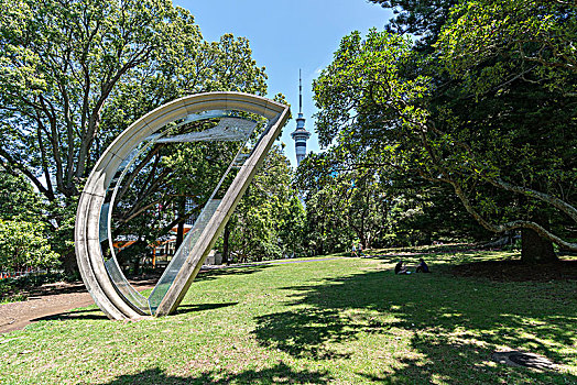雕塑,公园,摩天塔,背景,奥克兰,城市,区域,北岛,新西兰
