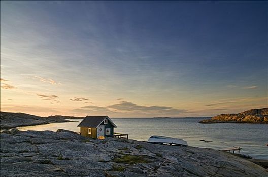 木屋,岩石海岸,日落,瑞典,斯堪的纳维亚,欧洲