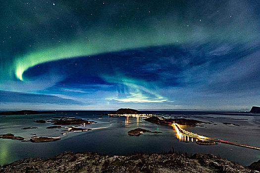 北极光,夜空,上方,著名,桥,穿过,岛屿,秋天,北极,挪威
