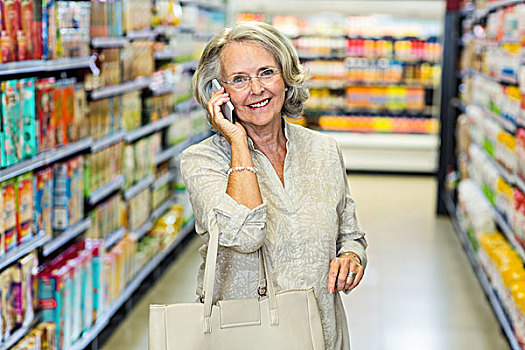 微笑,老年,女人,打电话,通话,超市