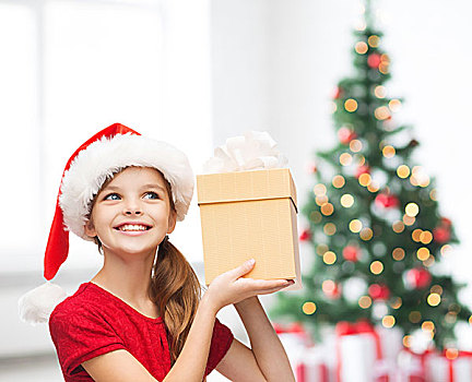 休假,孩子,人,概念,微笑,女孩,圣诞老人,帽子,礼盒,上方,客厅,圣诞树,背景