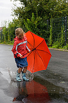 女孩,伞,走,雨,道路,巴登符腾堡,德国,欧洲