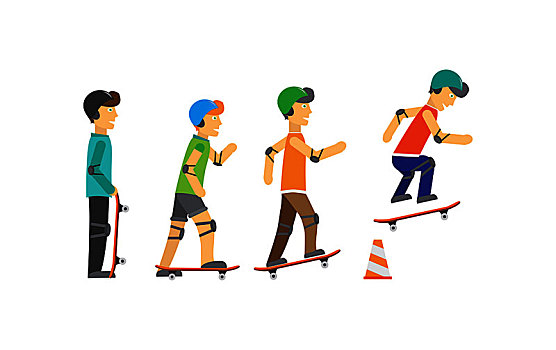 玩滑板,男孩,防护装备,头盔,跳跃,上方,橙色,交通路锥,滑板,戴着,暑假,健康生活,休闲活动,插画,群体