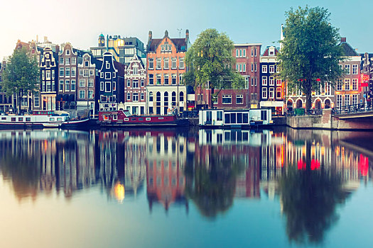 夜晚,城市风光,阿姆斯特丹,运河,荷兰人,房子