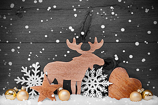 金色,灰色,圣诞装饰,雪,驼鹿,听,雪花