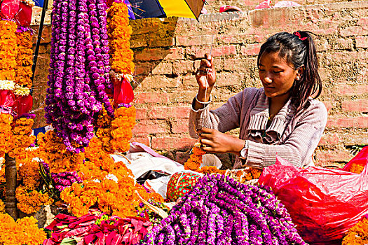 美女,花,杜巴广场,加德满都,尼泊尔,亚洲