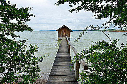 船库,木码头,湖,上巴伐利亚,巴伐利亚,德国
