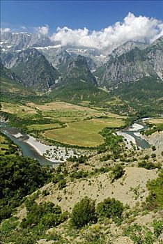 河,山谷,山峦,阿尔巴尼亚,欧洲