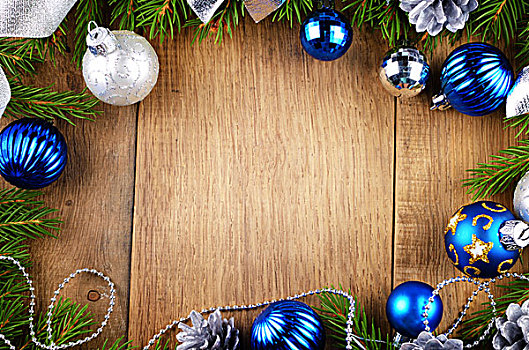 圣诞节,背景,蓝色,银球,上方,木桌子