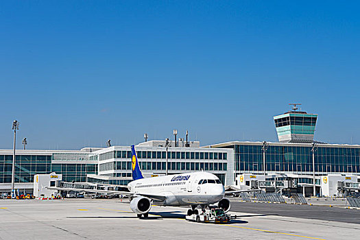 汉莎航空公司,空中客车,塔,卫星,航站楼,慕尼黑,巴伐利亚,机场,德国,欧洲