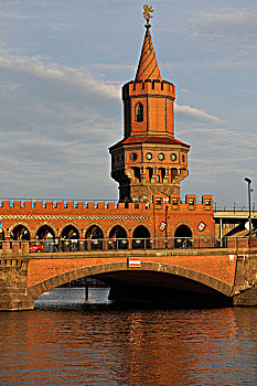 桥,穿过,施普雷河,夜光,柏林,德国,欧洲