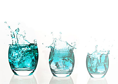序列,安放,苍白,蓝色,液体,大玻璃杯,白色背景,背景