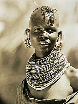 头像,戴着,珠子,颈部,坦桑尼亚