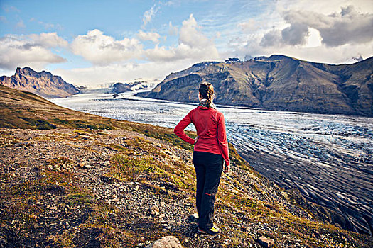 女人,远眺,瓦特纳冰川国家公园,冰河