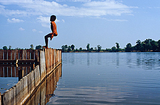 小,男孩,跳跃,水,水池,收获,柬埔寨,东南亚