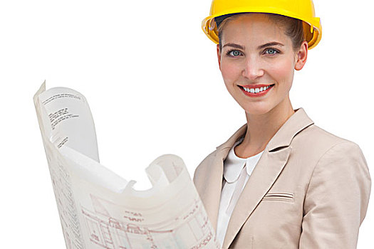 女人,建筑师,微笑,黄色,头盔,施工图