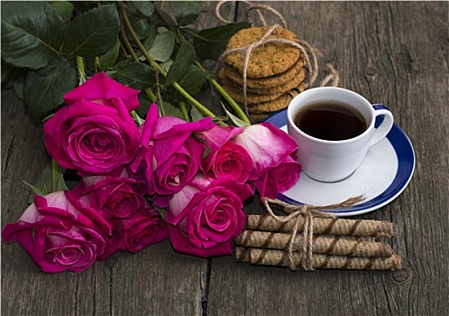 咖啡杯,饼干,花束,深红色,玫瑰