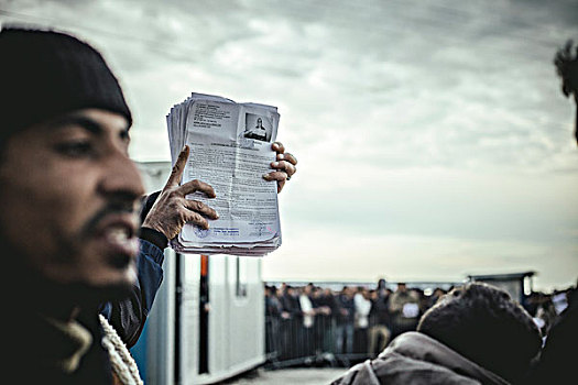 难民,露营,希腊,马其顿,边界,人,队列,注册,纸,前景,中马其顿,欧洲