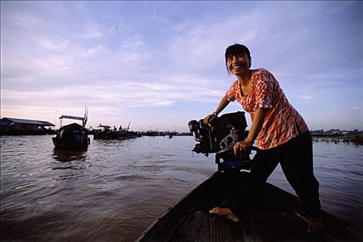 越南,长,女人,驾驶,船,漂浮,市场,湄公河