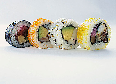 四个,不同,寿司卷,白色背景