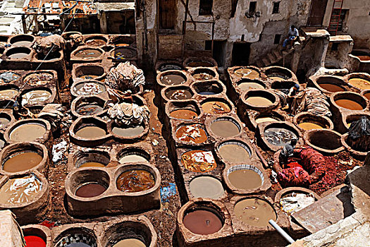 传统,制革厂,染色,摩洛哥,北非,非洲