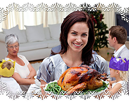 女人,展示,圣诞节,火鸡,家庭,餐饭