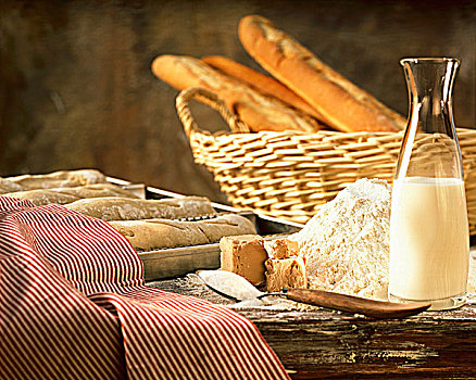 静物,面粉,酵制食品,牛奶,糖,法棍面包