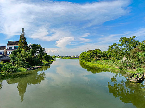 乡村溪流,小船,溪流,民居