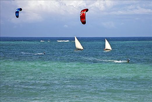 肯尼亚,蒙巴萨,两个,速度,独木舟,航行,清晰,水,海滩