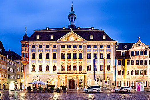 新市政厅,市场,黄昏,上弗兰科尼亚,巴伐利亚,德国,欧洲